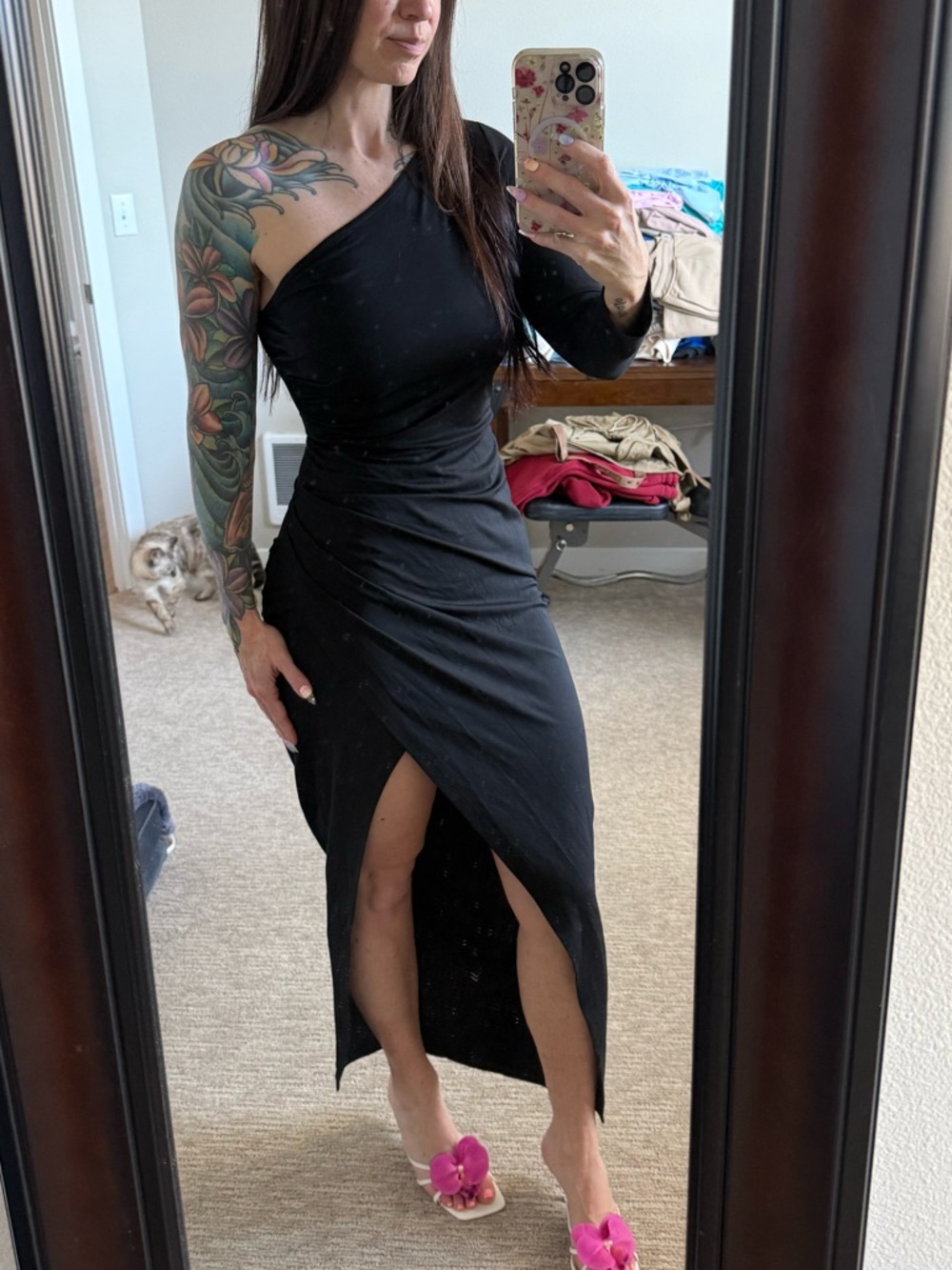 One-Shoulder Black Midi Dress with Front Slit